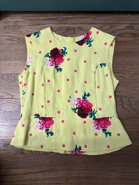 Marc Jacobs Yellow Floral & Pink Polka Dot Peplum Top